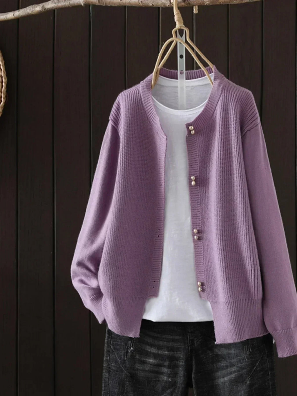 Auri - Pearl-Button Crewneck Cardigan