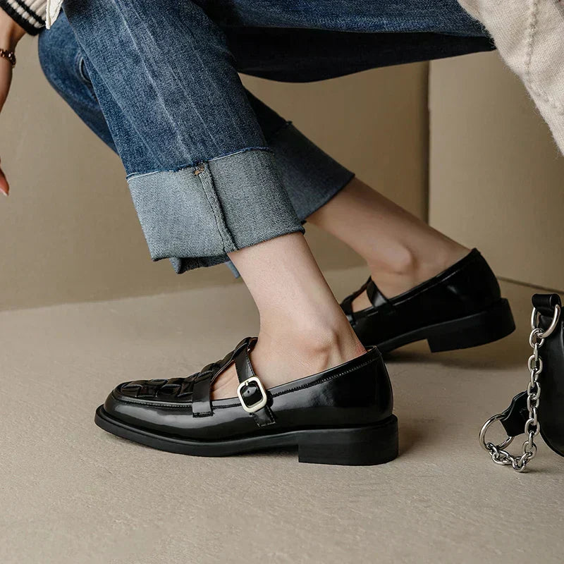Claudine - Woven Texture Retro Strap Ballerina Flats