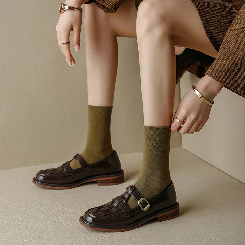 Claudine - Woven Texture Retro Strap Ballerina Flats