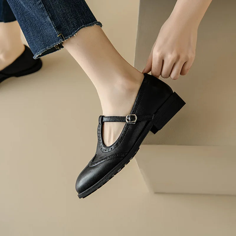 Claire - Low Block Heel T-Strap Cushion Mary Janes