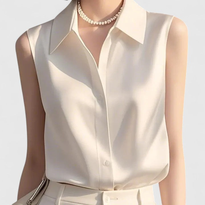 Manon - Sleeveless Satin Front-Pleat Blouse