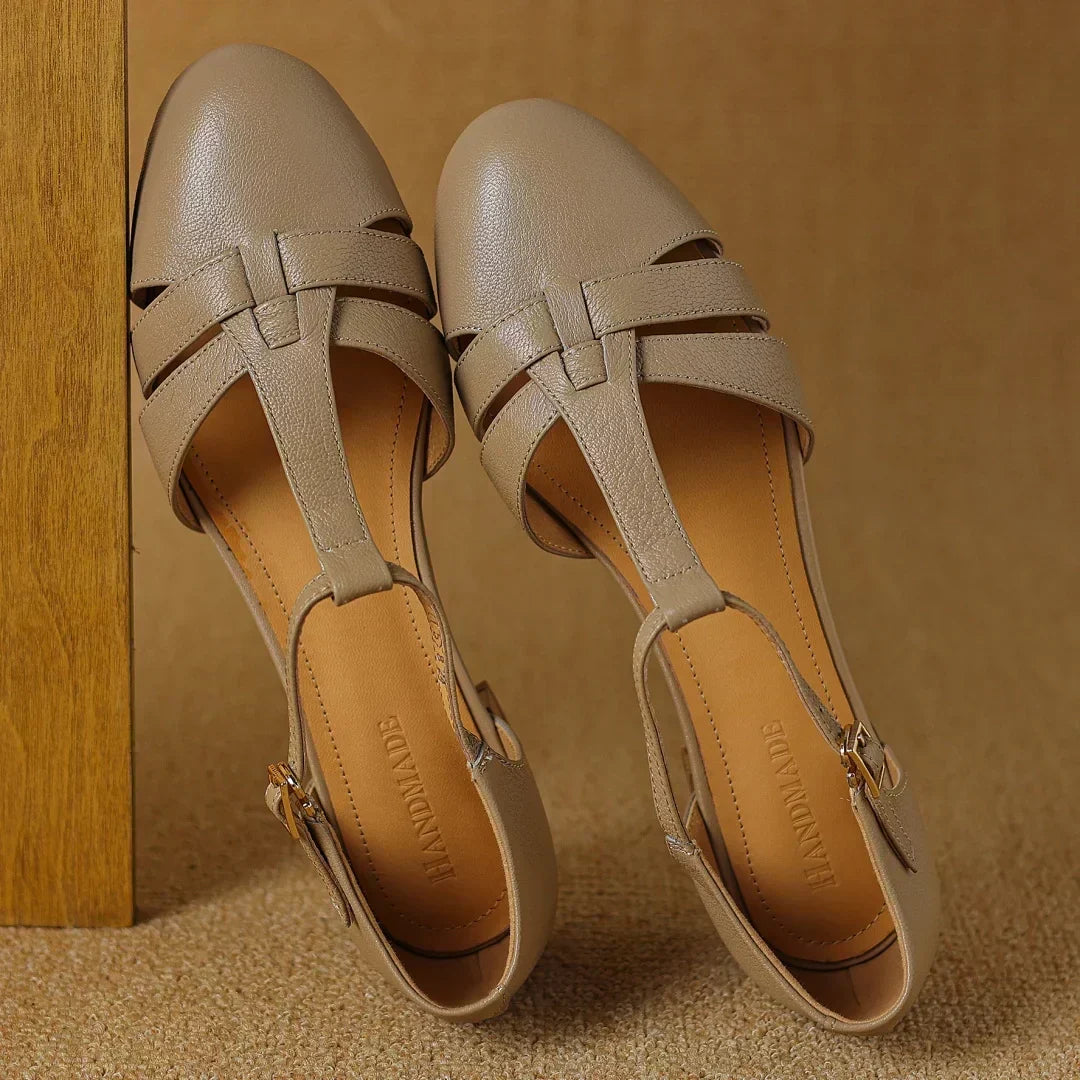 Camille - Brogue Detailed Leather T-Bar Flats