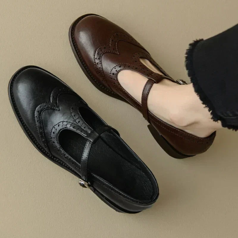 Claire - Low Block Heel T-Strap Cushion Mary Janes