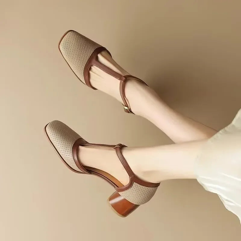 Agnes - Two-Tone T-Bar Mid-Heel Pumps