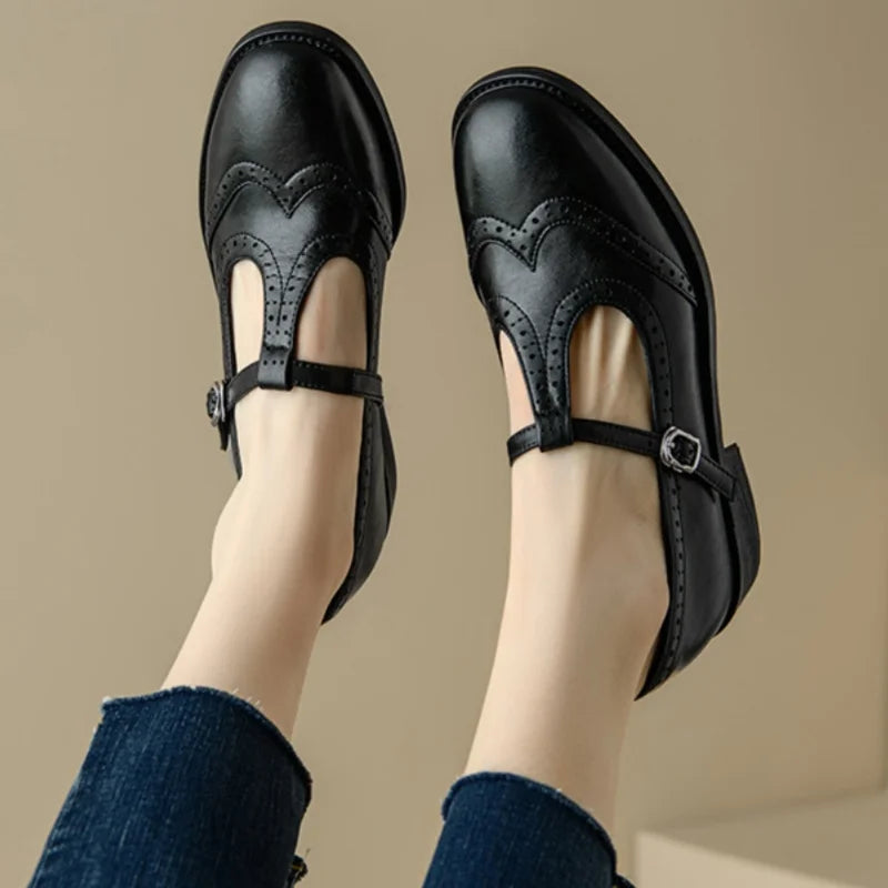 Claire - Low Block Heel T-Strap Cushion Mary Janes