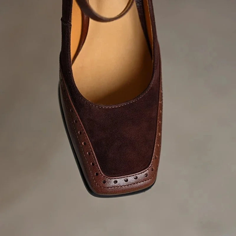 Claire - Brogue Stitched Square-Toe Ankle-Strap Pumps