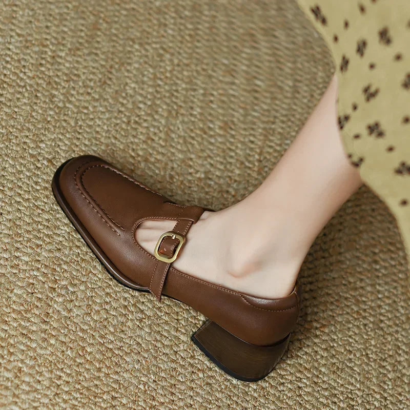 Camille - Structured Square-Toe Low Block T-Strap Heels