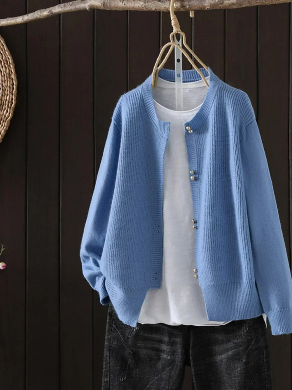 Auri - Pearl-Button Crewneck Cardigan