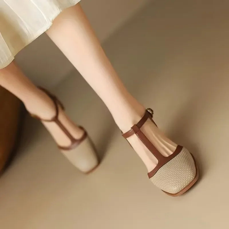 Agnes - Two-Tone T-Bar Mid-Heel Pumps