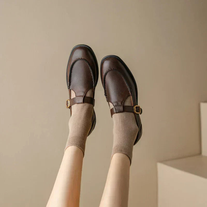 Léa - Round-Toe Retro Stitched Leather Flats