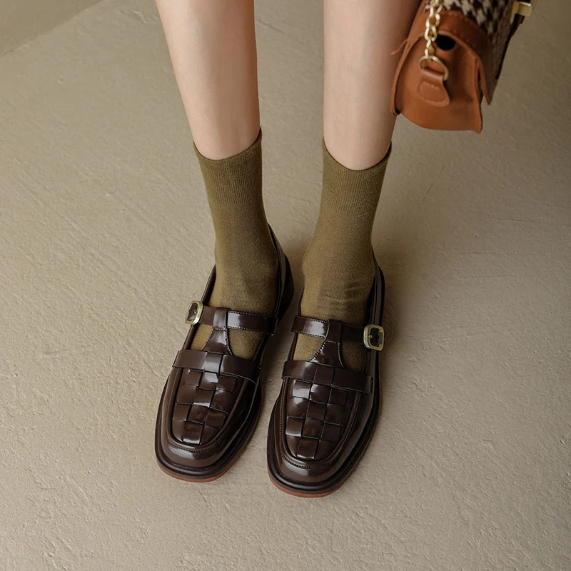 Claudine - Woven Texture Retro Strap Ballerina Flats