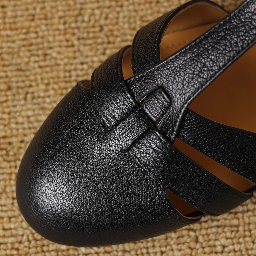 Camille - Brogue Detailed Leather T-Bar Flats