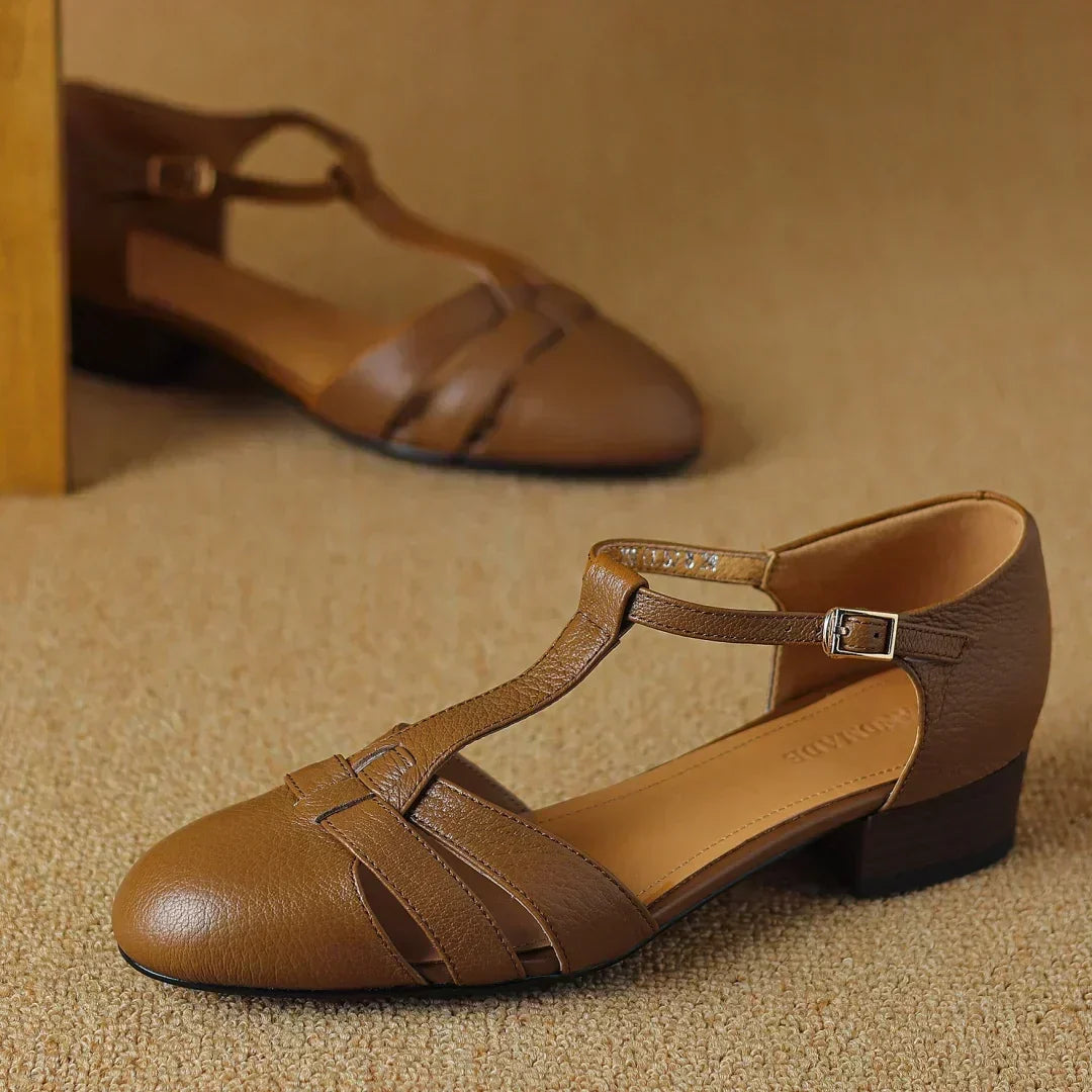 Camille - Brogue Detailed Leather T-Bar Flats