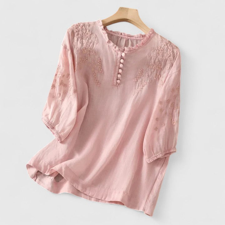 Élise intricate embroidered button-down blouse showing lace trim detail