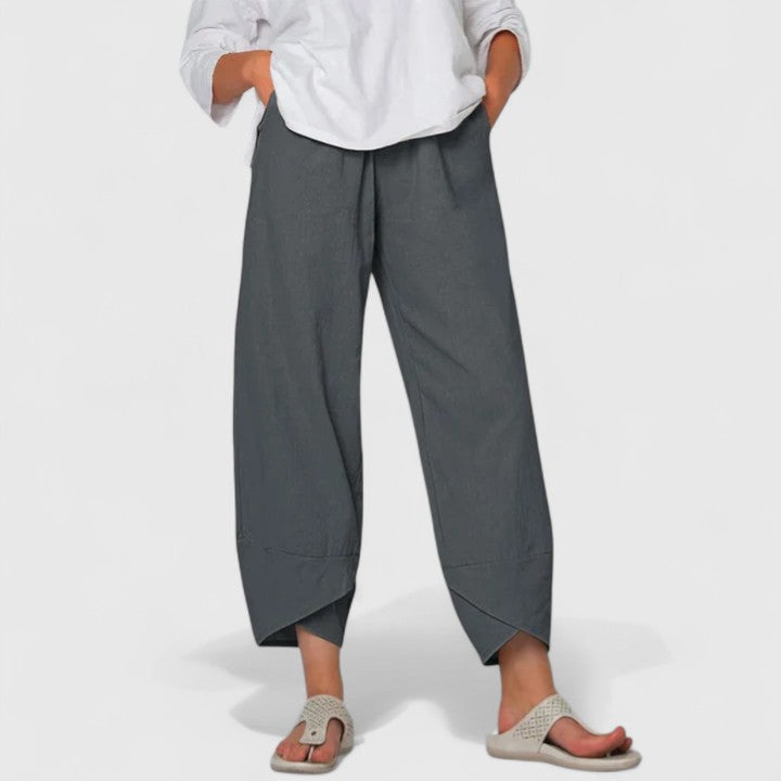 Mathilde elegant wide-leg pants featuring vintage-inspired graphic prints