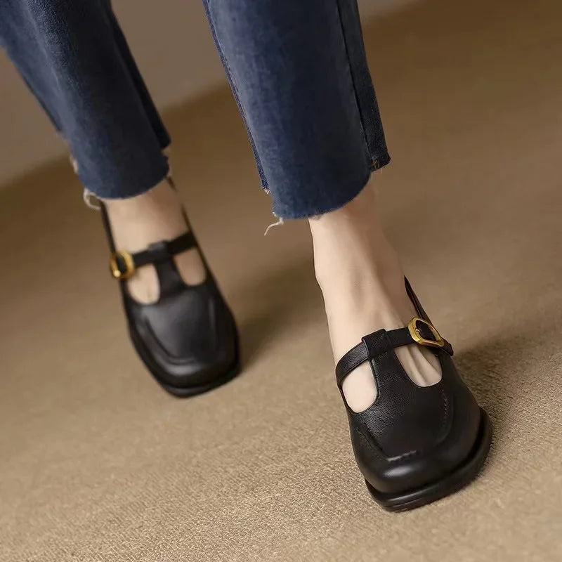 Camille - Structured Square-Toe Low Block T-Strap Heels