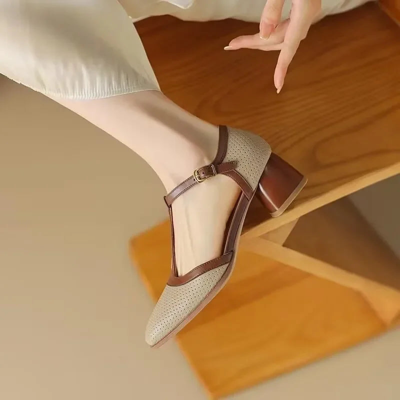 Agnes - Two-Tone T-Bar Mid-Heel Pumps