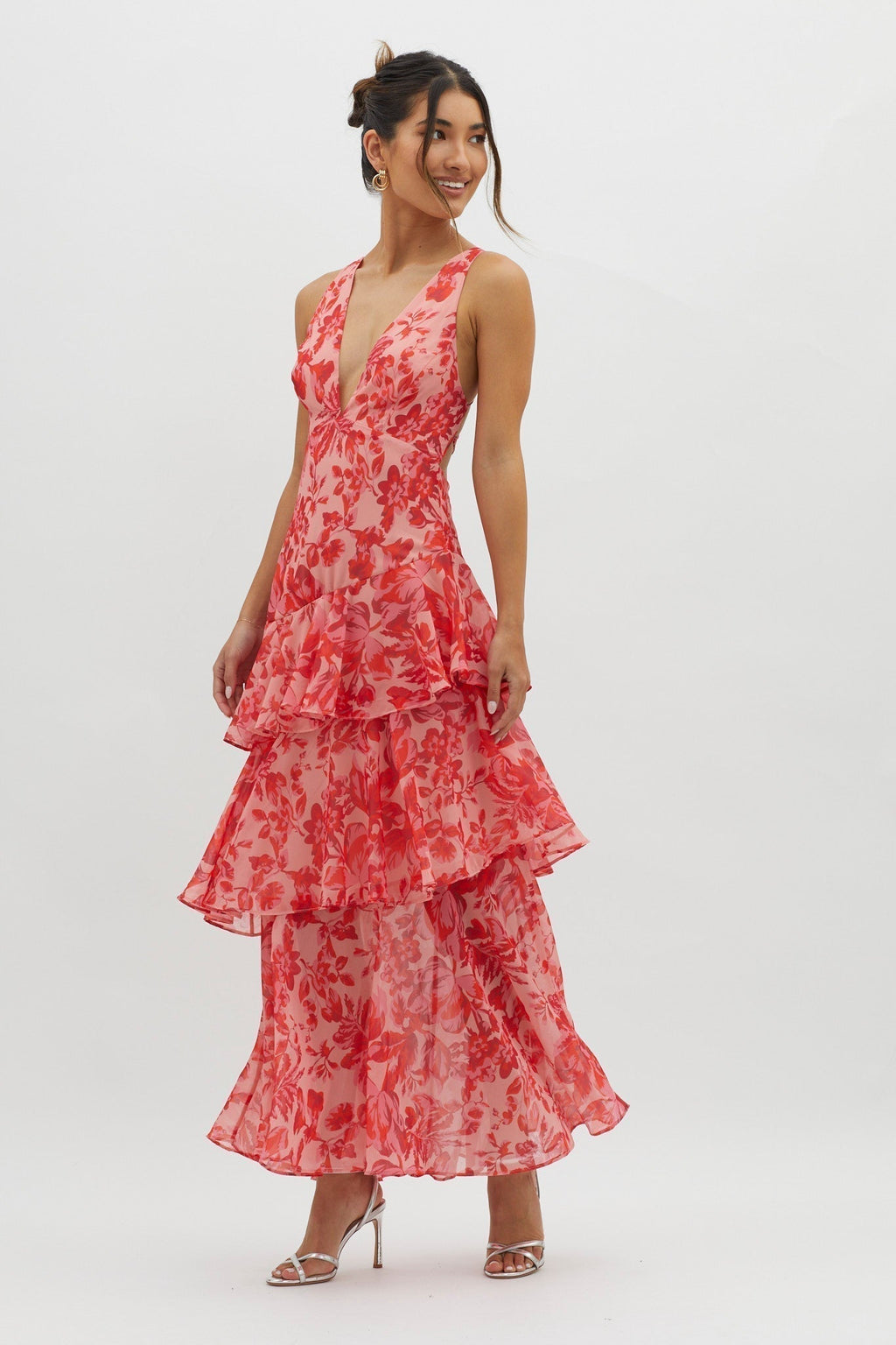 Serena tiered open-back midi dress featuring playful ruffled layers and adjustable shoulder straps