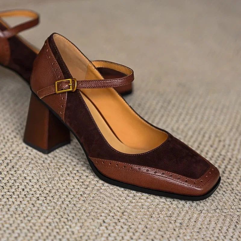 Claire - Brogue Stitched Square-Toe Ankle-Strap Pumps