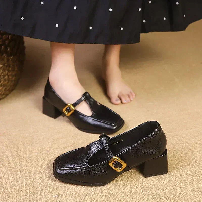 Maëlle - French Square-Toe Polished Block Mary Janes