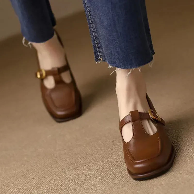 Camille - Structured Square-Toe Low Block T-Strap Heels
