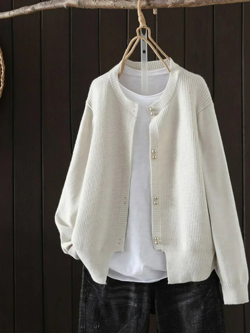Auri - Pearl-Button Crewneck Cardigan