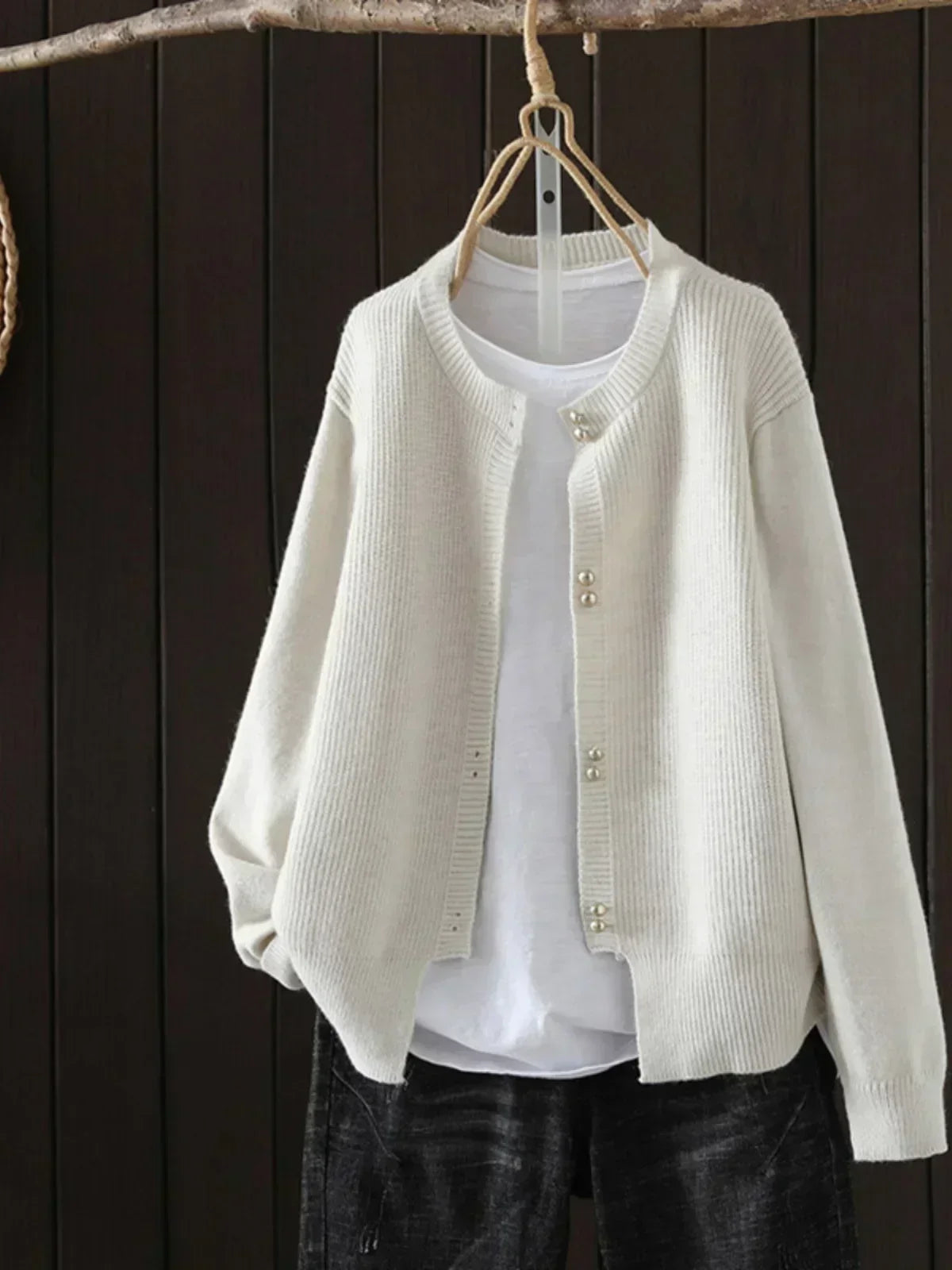 Auri - Pearl-Button Crewneck Cardigan