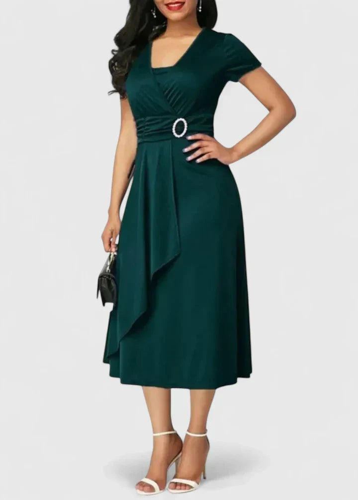 Zhyrelle Asymmetrical V-Neck Midi Dress with a sleek asymmetrical skirt hem