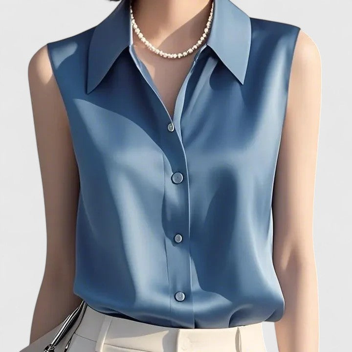 Manon - Sleeveless Satin Front-Pleat Blouse