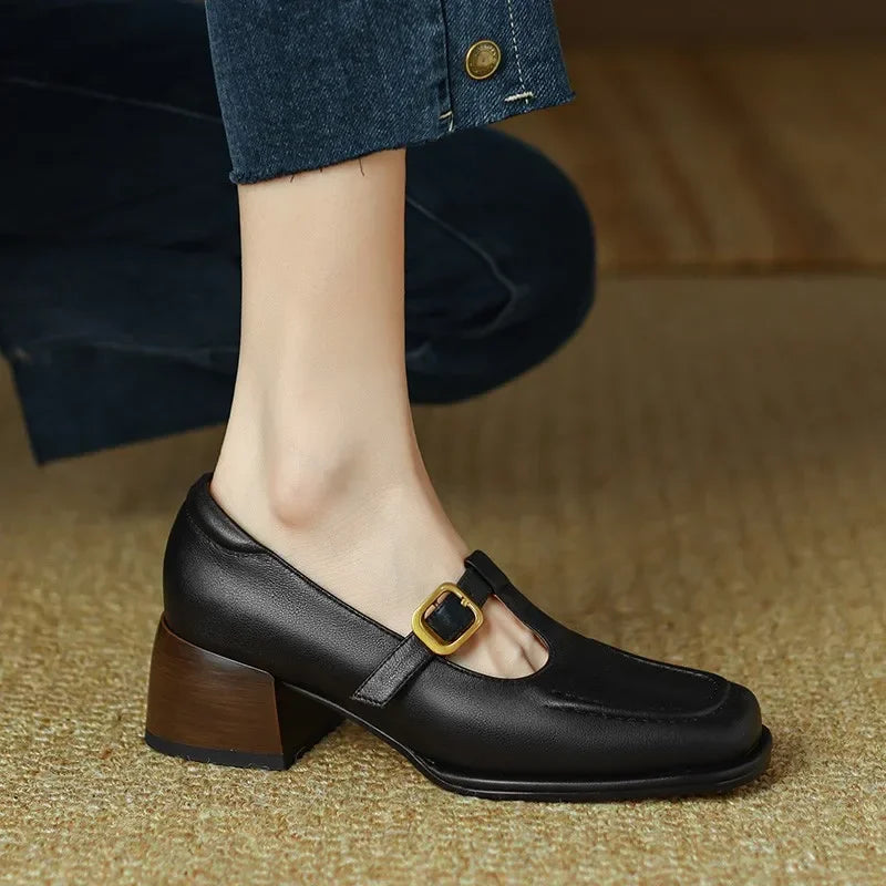 Camille - Structured Square-Toe Low Block T-Strap Heels