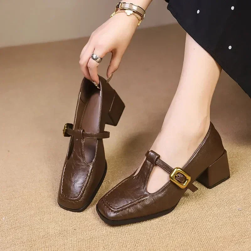 Maëlle - French Square-Toe Polished Block Mary Janes