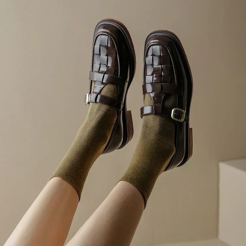 Claudine - Woven Texture Retro Strap Ballerina Flats