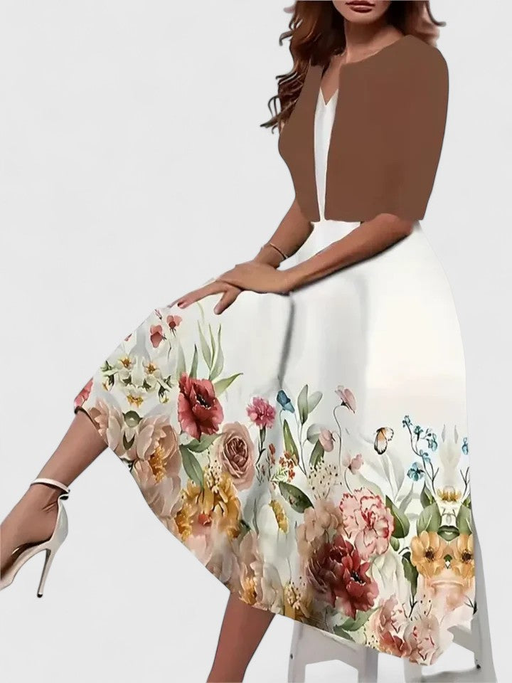 Full view of the structured Mireille tailored fit-and-flare midi dress