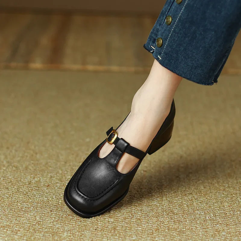 Camille - Structured Square-Toe Low Block T-Strap Heels