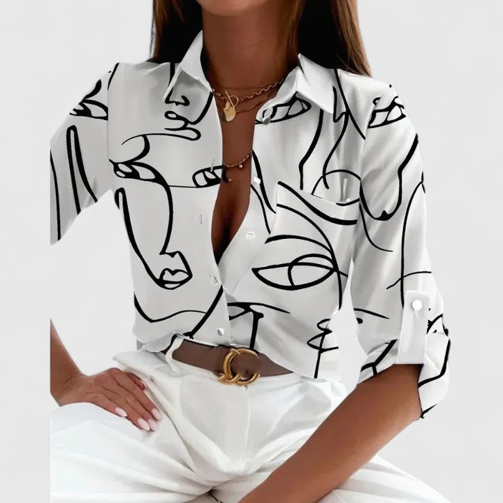 Élodie - Long-Sleeve Notched-Collar Print Shirt