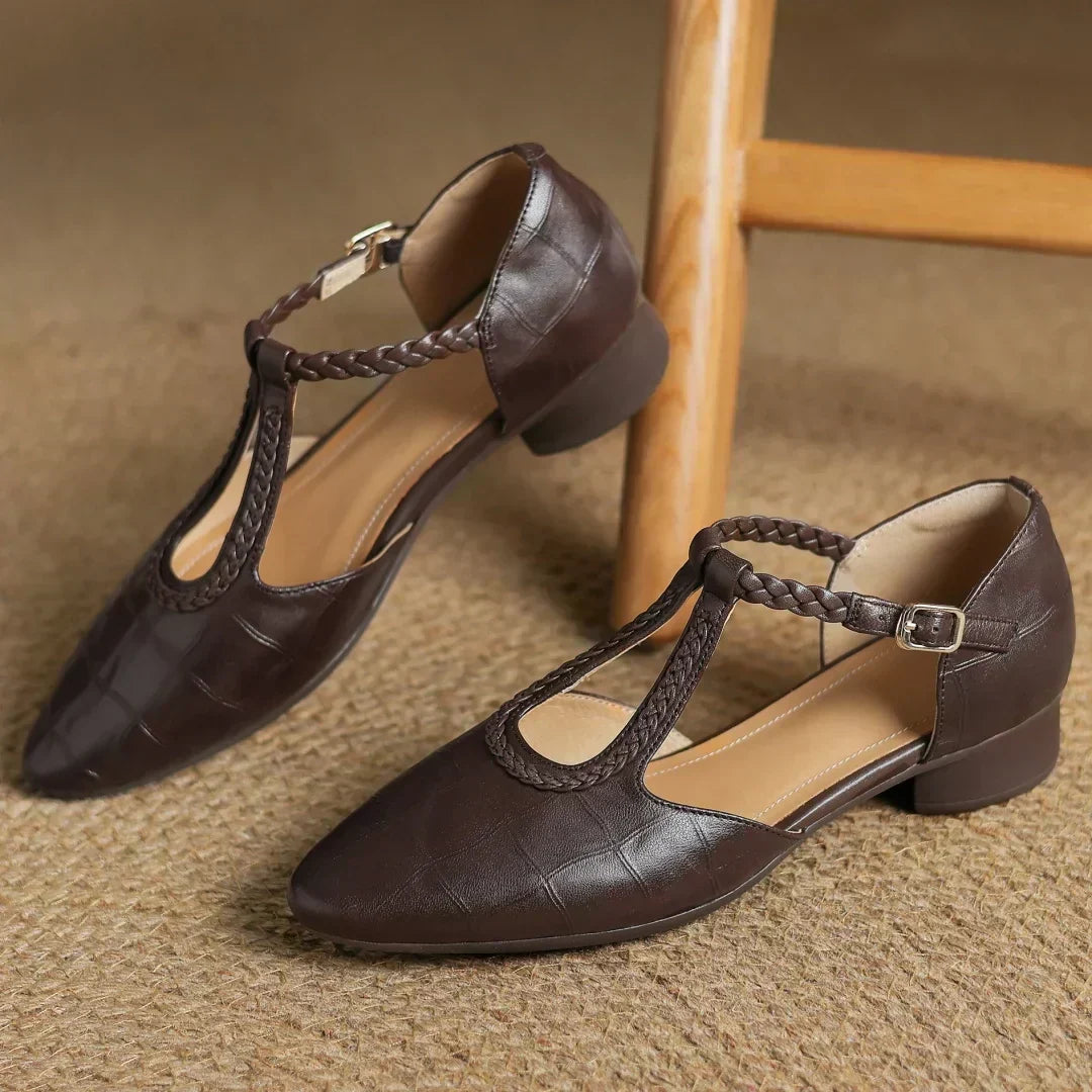 Inès - Metallic Buckle T-Strap Leather Mary Janes