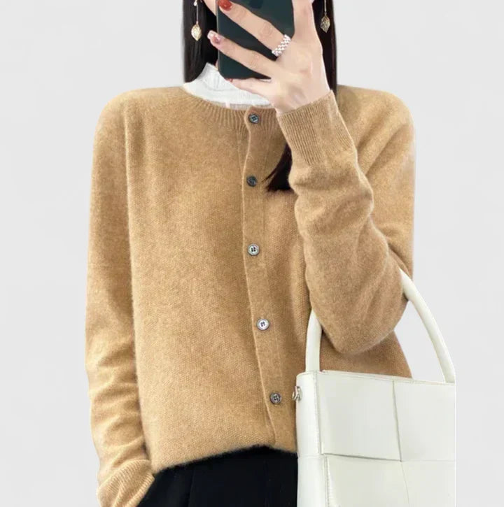 Lyxandria one-button crewneck knit cardigan in a classic fit