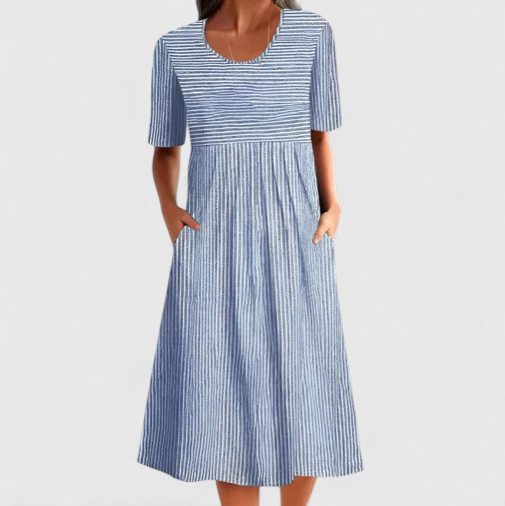 Close-up of the wooden button placket and vertical stripes on the Felicity midi dress