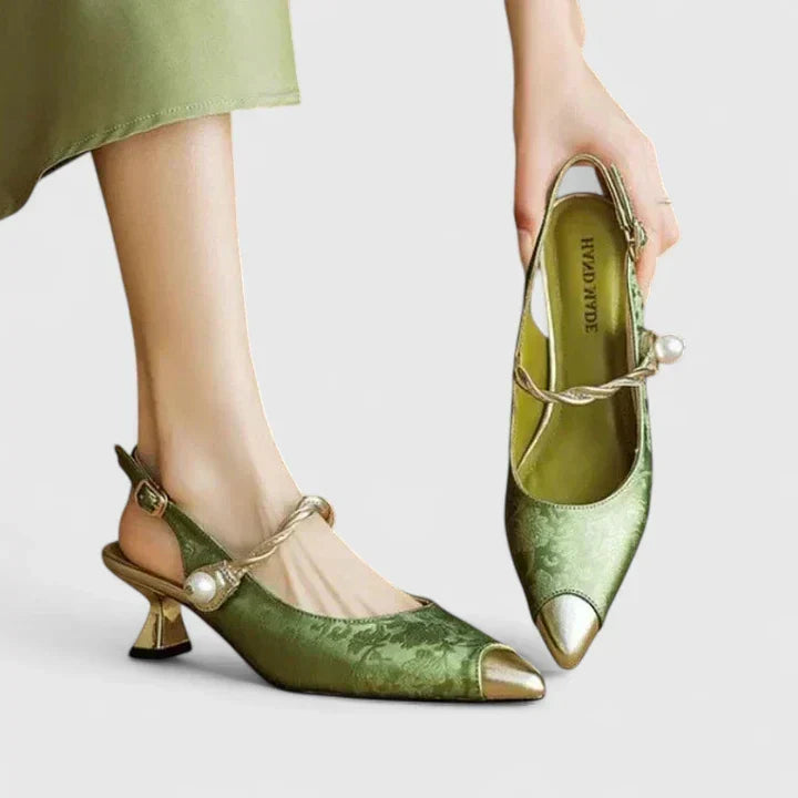 Seraphyane floral jacquard kitten heels with pearl strap