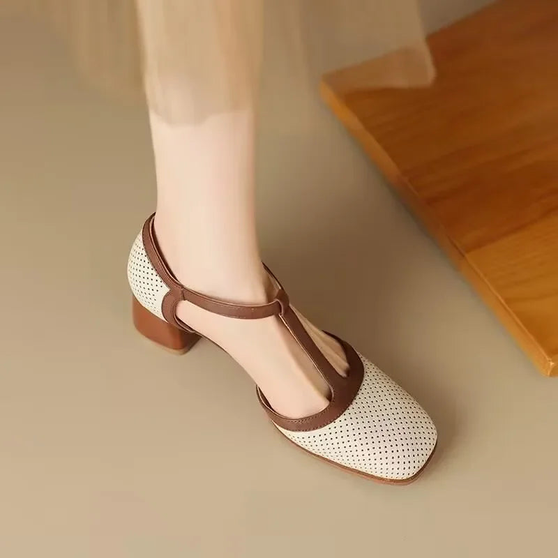 Agnes - Two-Tone T-Bar Mid-Heel Pumps