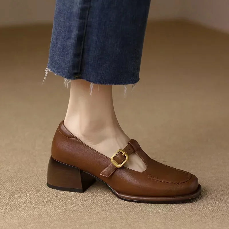 Camille - Structured Square-Toe Low Block T-Strap Heels