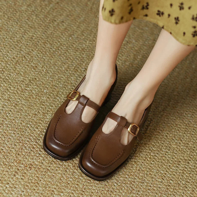 Camille - Structured Square-Toe Low Block T-Strap Heels
