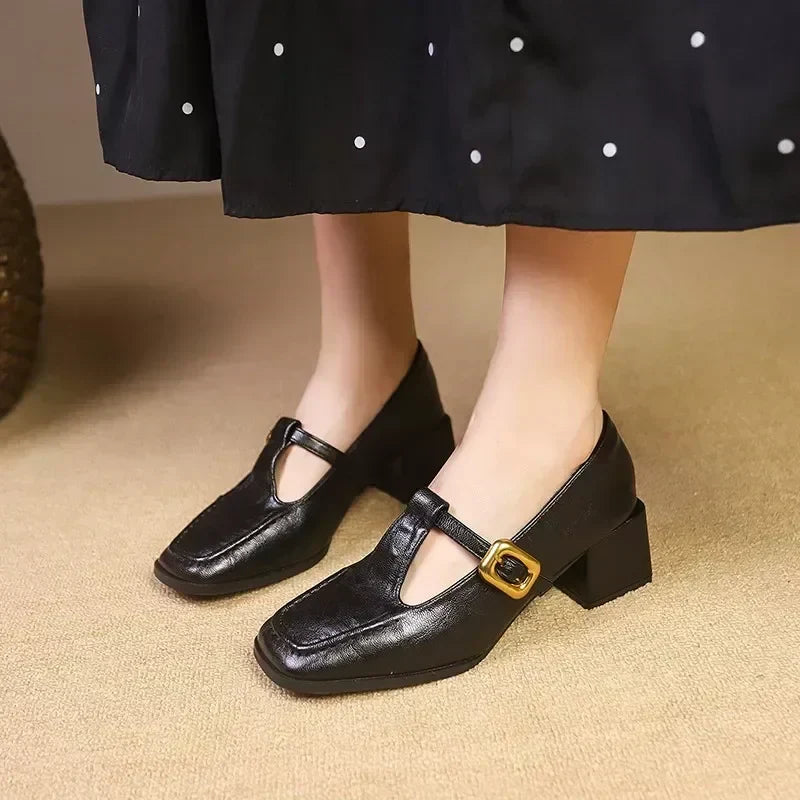 Maëlle - French Square-Toe Polished Block Mary Janes