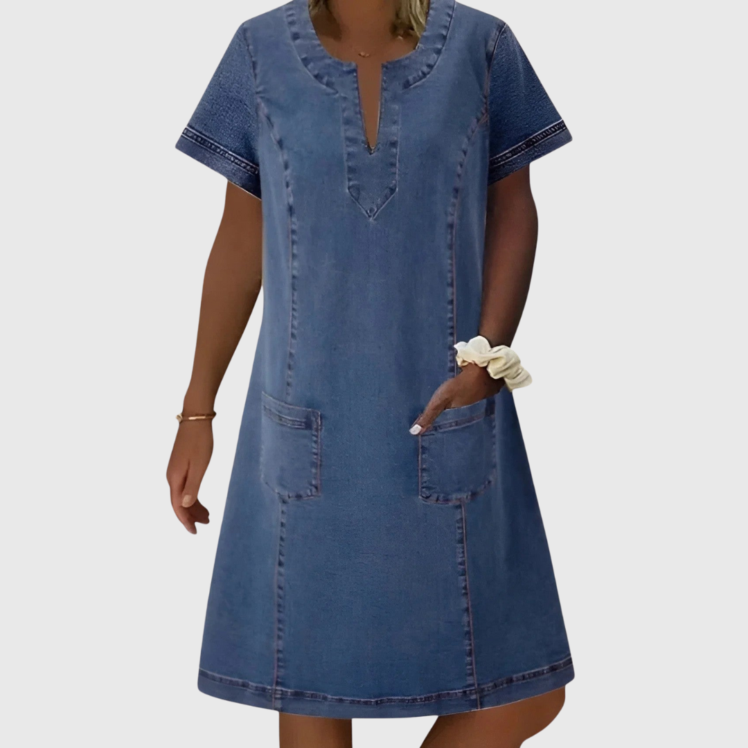 Christine Soft Denim Casual Dress with functional front pockets and classic collar