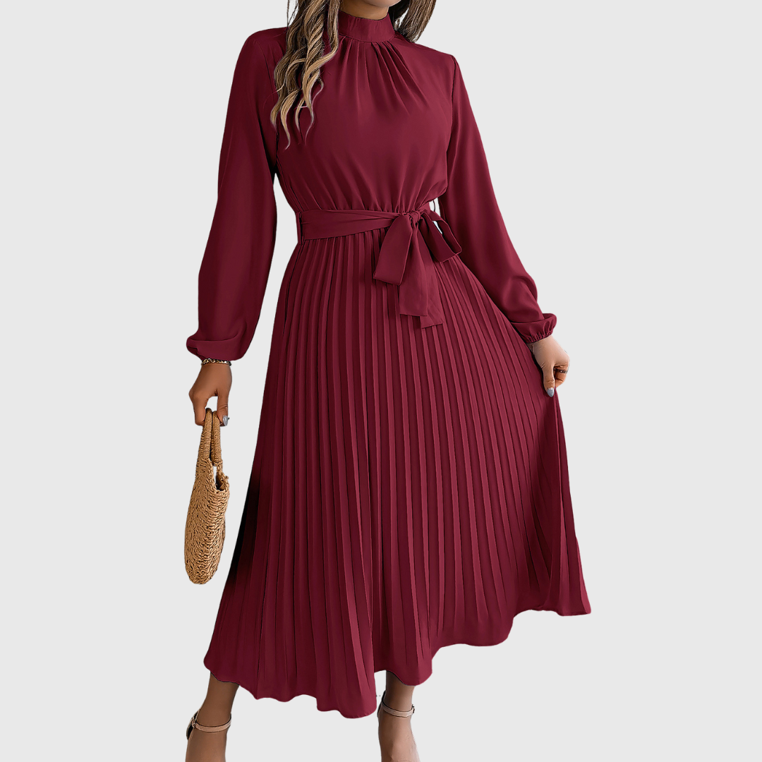 Priscilla women belted pleated high-neck maxi dress with long sleeves