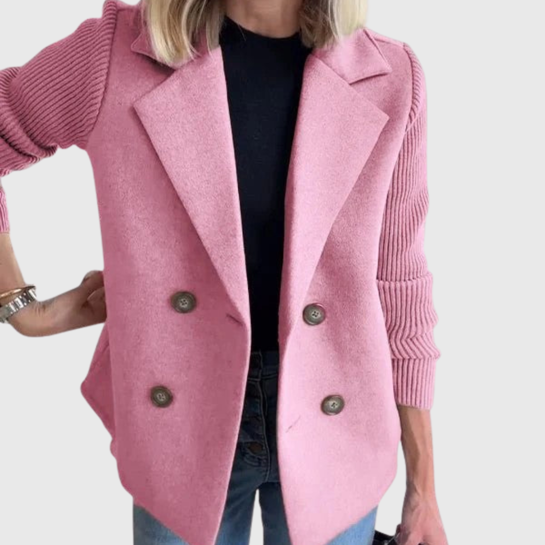 Winslet double-breasted blazer showcasing contrast sleeve details