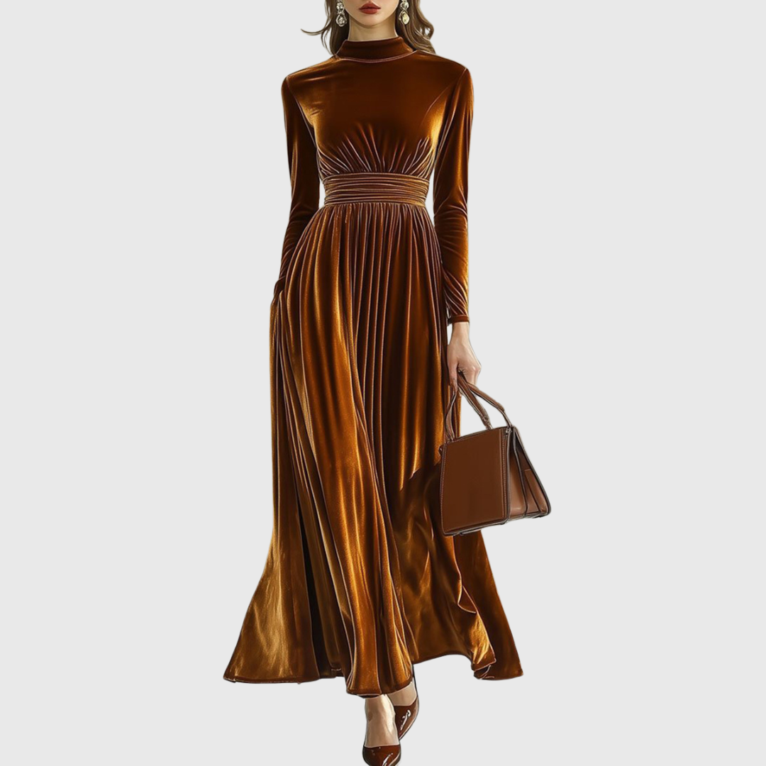 Margot women pleated velvet high-neck maxi dress with cinched waist