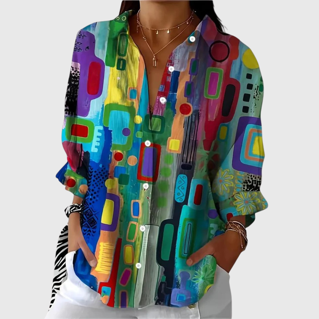 Léa geometric print soft fluid blouse styled for work-to-evening wear