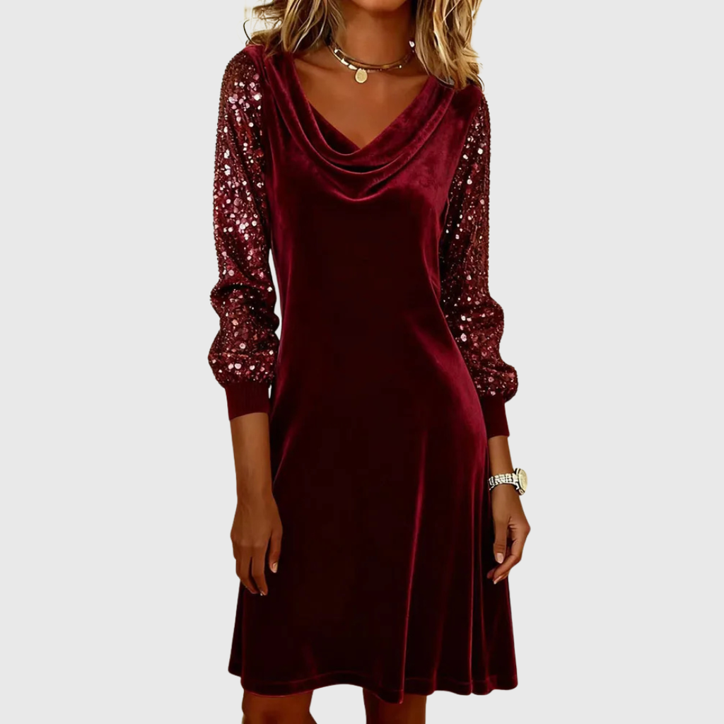Sophie Sparkle Sleeve Velvet Dress with draped neckline and sequin details