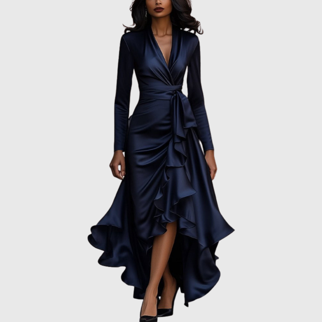 Constance Wrap Ruffle Maxi Dress featuring cascading ruffle hem and waist-defining wrap tie
